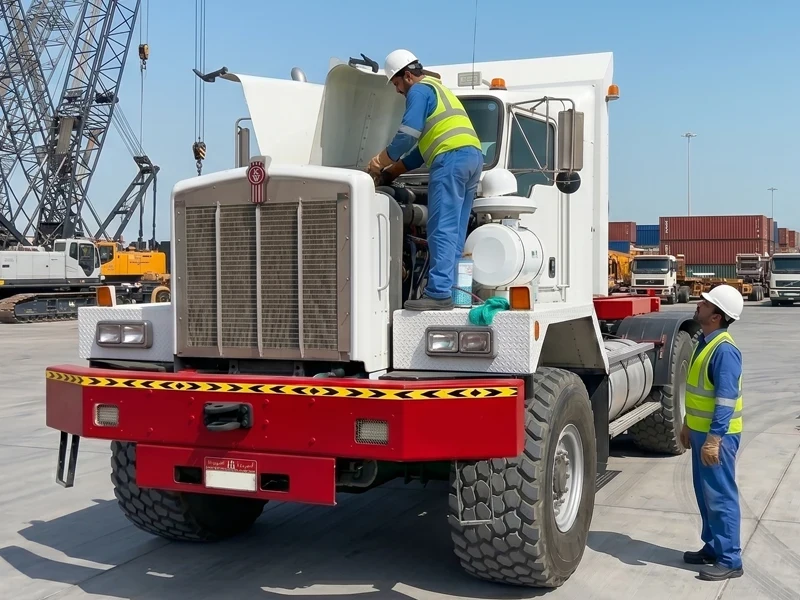Technicians servicing Kenworth heavy truck AC — oilfield vehicle fleet AC repair Abu Dhabi